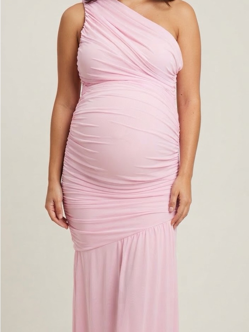 One-Shoulder Ruched Maternity Gown in Light Pink